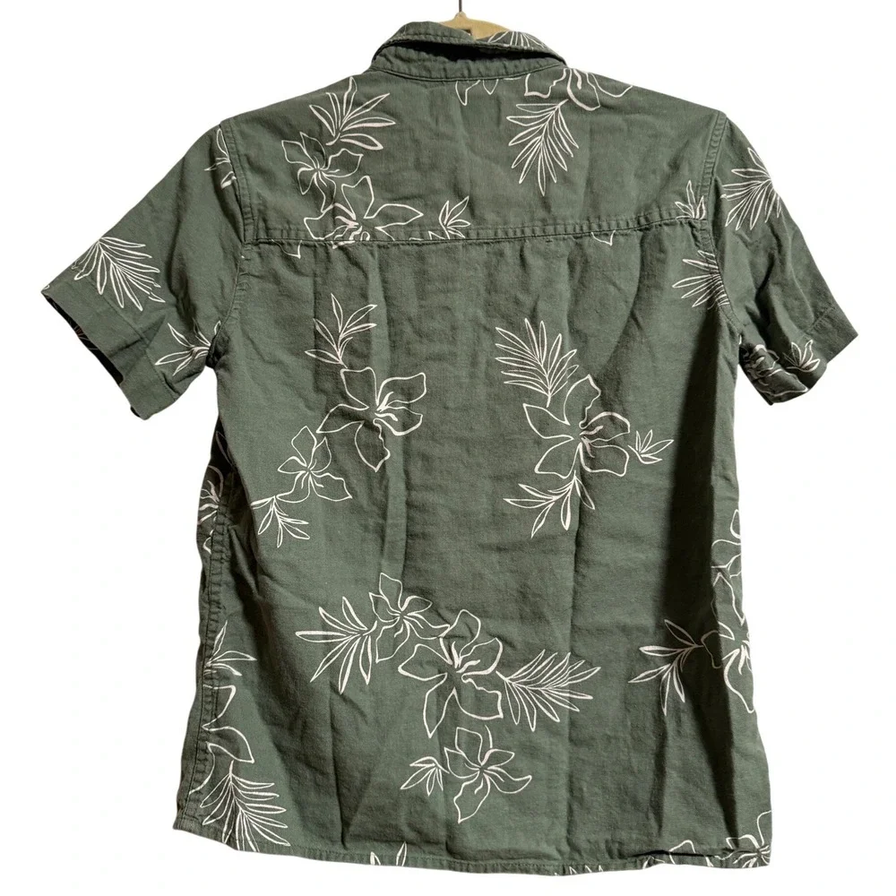 Old Navy Boys Large 10-12 Olive Green Floral Linen Blend Button Down Shirt